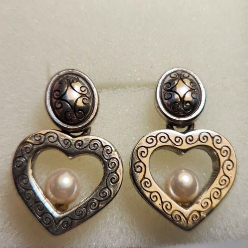 Brighton Alcazar Amor Silver heart and pearl earrings scroll design